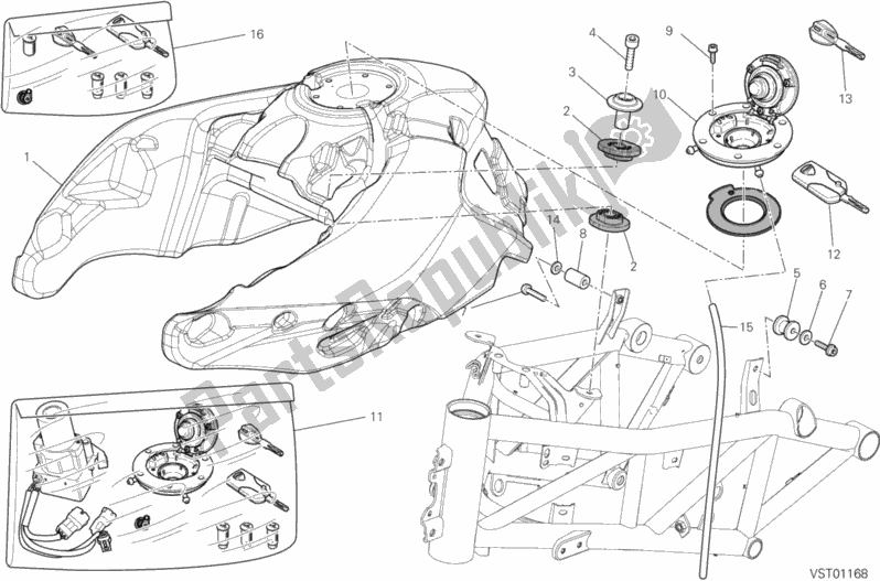 All parts for the Fuel Tank of the Ducati Multistrada 1200 S Pikes Peak USA 2013